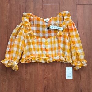 For Love & Lemons Yellow Orange Gingham Ruffle Crop Top